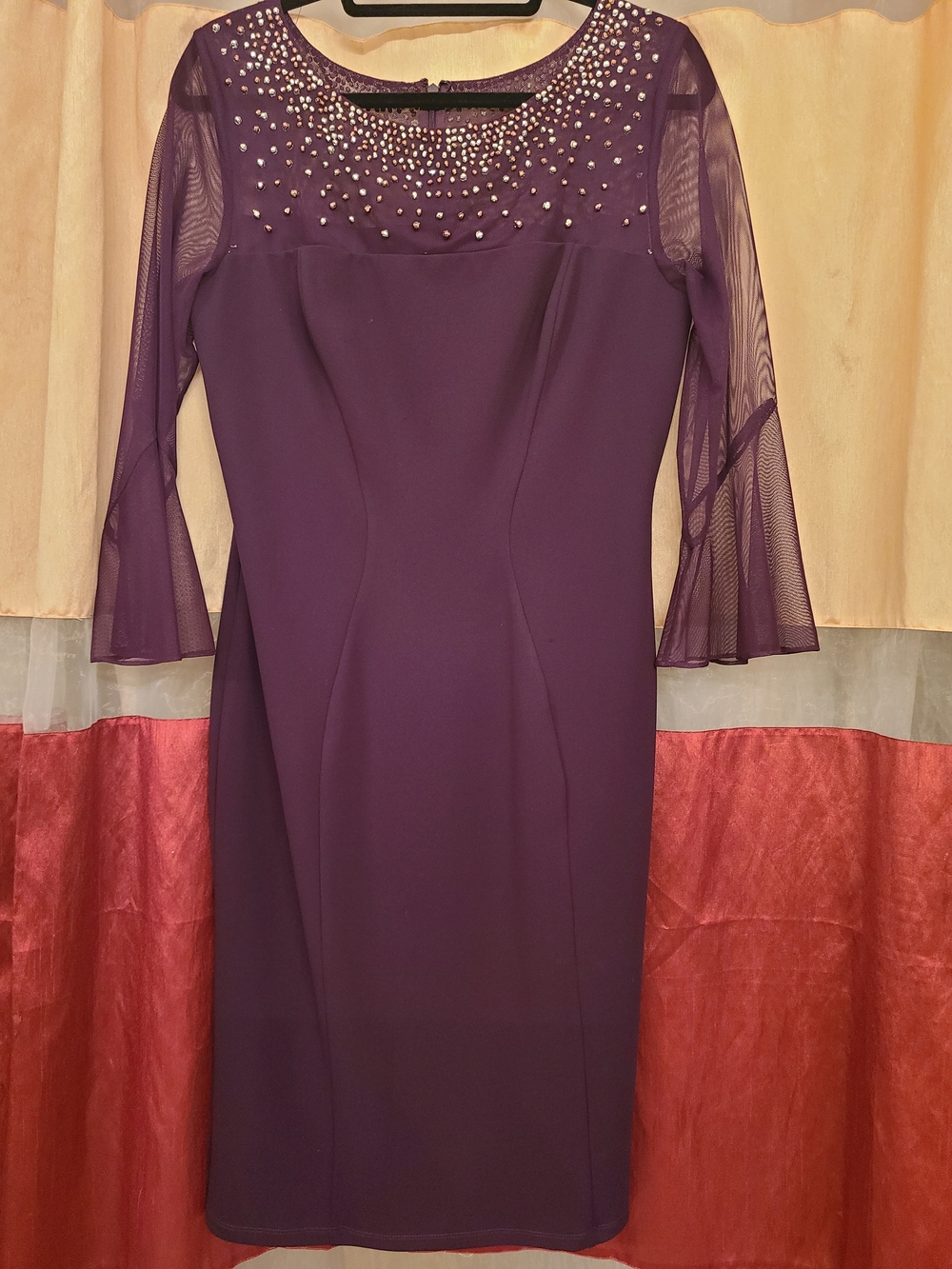 Alex Evenings Plum Beaded Illusion-Sleeve Cocktail Dress